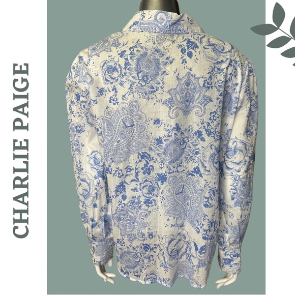 Charlie B Floral Print Long Sleeve Button Front Collared Blouse White Blue Boho - Picture 4 of 5